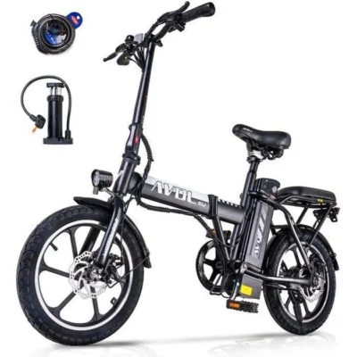 Avdleu- Vélo Électrique Pliable – Roues 16″ – Moteur 250W 25km/h – Batterie 36V 11.4Ah – Autonomie 40-80km (Mode ASSIST) – Noir