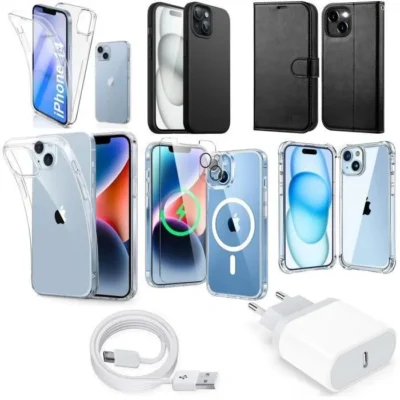kit 12 accessoires pour iphone 14 – 6x coque + chargeur secteur + cable + verre tempé camera