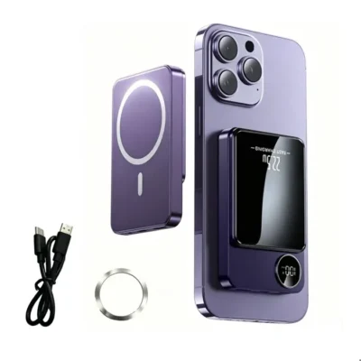 Batterie externe magnétique de 10 000 mAh et 20 W, compatible avec la recharge sans fil et filaire, avec écran LED, violet