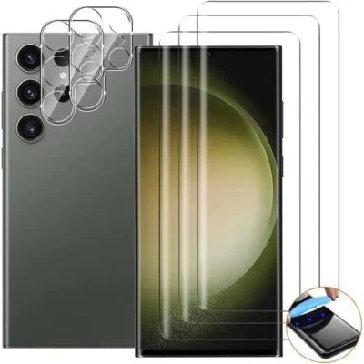 Compatible Samsung Galaxy S23 Ultra 5G – 3 Films Protection écran verre trempé incurvé + 2 Films objectifs arrière