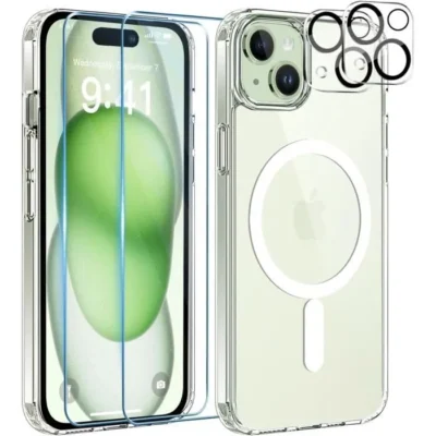 Coque Cercle magnétique intégré pour iPhone 15 et 2 Verres Trempé écran et 2 Protections Caméra Phonillico