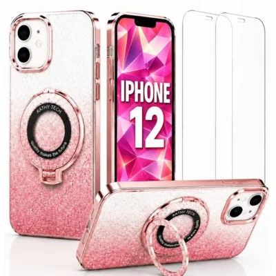 Coque de protection – MASSILIA TECH – iPhone 12 – Rose – Anneau support – 2 verres trempés