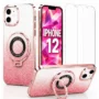 Coque de protection - MASSILIA TECH - iPhone 12 - Rose - Anneau support - 2 verres trempés