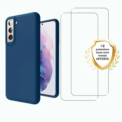 Coque antichoc compatible Galaxy S21 Fe Bleu + 2 protections écran – EVETANE