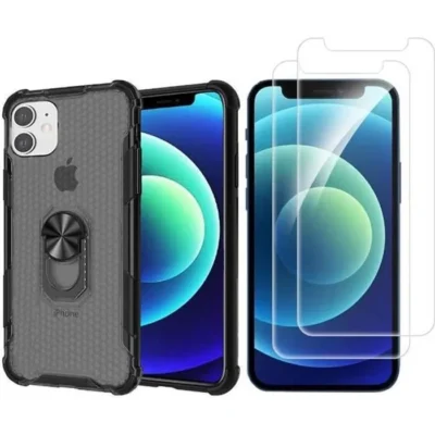 Pour iPhone 12 et iPhone 12 Pro – Coque Résistante avec Anneau Anti Chute + 2 Films Protection écran Verre trempé 9H-NOVAGO