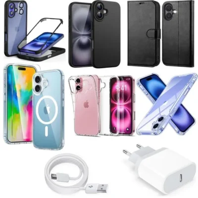 Kit Accessoires – MASSILIA TECH – iPhone 16 – 6 Coques – Chargeur 20W – Verres Trempés