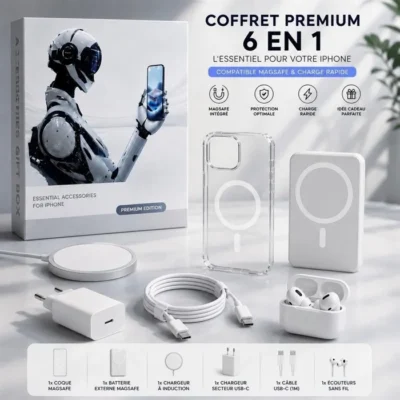 Kit d&rsquo;accessoires – MASSILIA TECH – iPhone 17 PRO MAX – Coque transparente – Chargeur 20W – Écouteurs sans fil