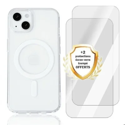 SUNMUES Coque MagSafe magnétique pour iPhone 13 14 15 transparente antichoc lot avec 2 films de protection d&rsquo;écran inclus