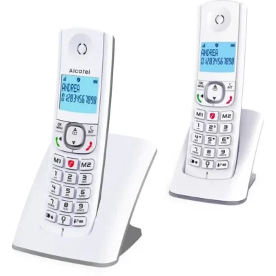 Téléphone sans fil – ALCATEL – F530 Duo – 2 combinés, blocage d&rsquo;appels, mains libres, 2 mémoires directes, Blanc/Gris