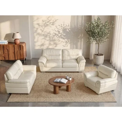 Canapés 3 places 2 places et un fauteuil en cuir THIBAULT – Ivoire