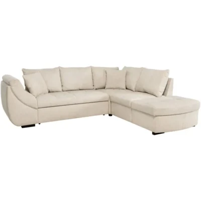 Canapé d&rsquo;angle convertible réversible – 4 à 5 places – CALVIN – Tissu chenille Perle – Coffre – 257 x 214 x 88 cm