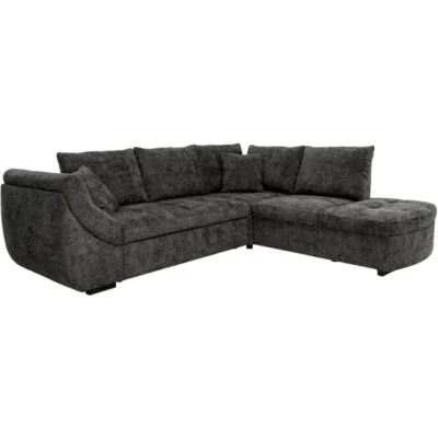 Canapé d&rsquo;angle convertible réversible – 4 à 5 places – CALVIN – Tissu chenille Noir – Coffre – 257 x 214 x 88 cm