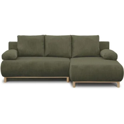 Canapé d&rsquo;angle droit convertible – 3 places – MIKA – Tissu velours côtelé vert kaki – Coffre de rangement – 192 x 84 x 93 cm