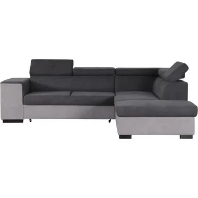 Canapé d&rsquo;angle droit convertible + coffre 5 places – Tissu gris – L 271 x P 220 x H 77 cm – ARMSTRONG – Fabriqué en Ukraine