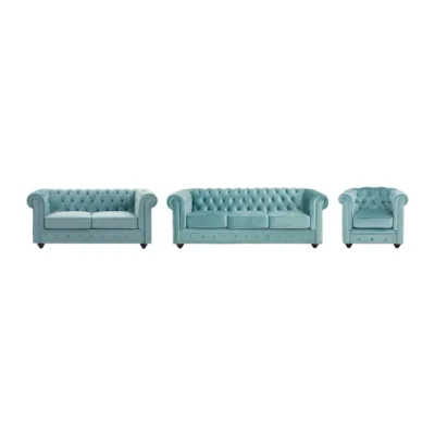 Canapés 3 places et 2 places et fauteuil en velours bleu pastel CHESTERFIELD