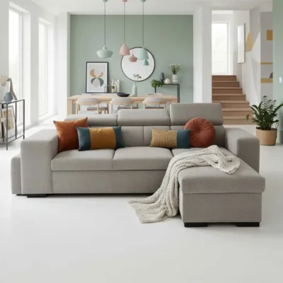 SIRIUS Canapé d&rsquo;angle reversible convertible gris clair -Réversible- – Taille M – 4 places – 251 x 165 x 94