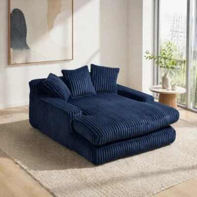Canapé Lit 1 Place Velours Côtelé 3 Coussins, Sans Montage – ELVMI – Assise Mousse Bleu Marine 125 × 155 × 63 cm