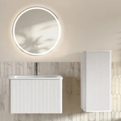Ensemble meuble salle de bains – Design minimaliste – Vasque murale 60 cm – Miroir LED rond 60 cm – Armoire latérale