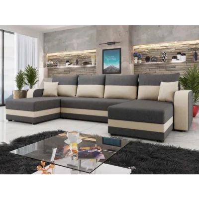 Harvey – Canapé panoramique en U 7 places convertible avec coffre en tissu bicolore – Gris / Beige