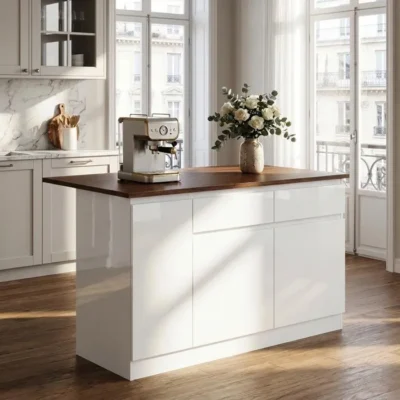 Îlot Central de Cuisine avec plan de travail rabattable, Desserte de Cuisine avec 3 tiroirs et 2 portes, 145x85x90, Laqué Blanc