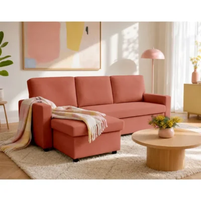 Meiya – canapé d&rsquo;angle réversible 4 places convertible avec coffre en tissu – Terracotta