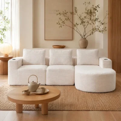 MEUBLIV Canapé d&rsquo;angle compressé 258 cm avec méridienne droite, 3 coussins, 2 porte-gobelets, beige