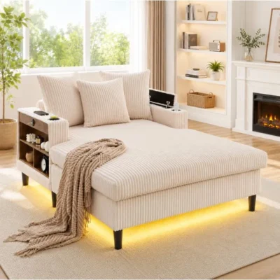 MEUBLIV Méridienne 1 place en velours côtelé beige 129x170x70 cm avec LED, USB, rangement et 2 porte-gobelets