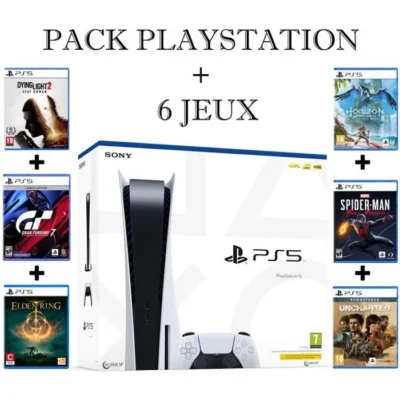 Pack Console de Salon – PlayStation – PS5 Standard – 825 Go – 6 Jeux Inclus – Couleur Blanche