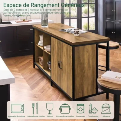 Îlot Central de Cuisine 2 Portes 4 Compartiments Plan de Travail Spacieux Meuble Cuisine Salon Rangement 170x60x89cm