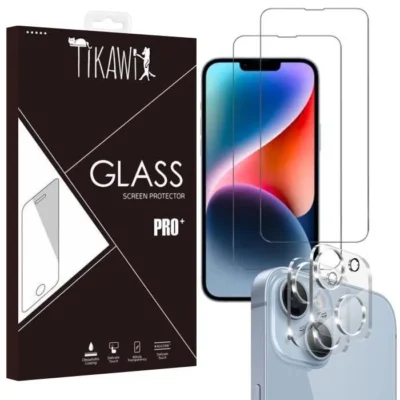 Tikawi x4 Verres trempés Iphone 14 (6.1&prime;) [2 Ecrans + 2 Caméras] Haute Résistance 9H Protection Avant + Arrière [Anti-traces] x4