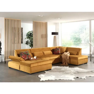 Vermont – canapé panoramique d&rsquo;angle droit – 7 places – XXL – en velours – Jaune