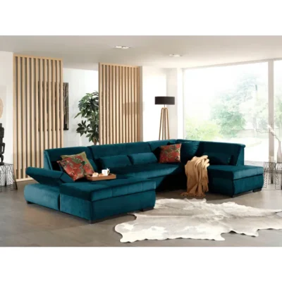Vermont – canapé panoramique d&rsquo;angle droit – 7 places – XXL – en velours – Bleu canard